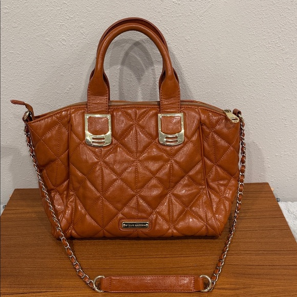Steve Madden Oversized Quilted Faux Leather Chain Strap Tote Handbag – Cognac - Picture 2 of 16